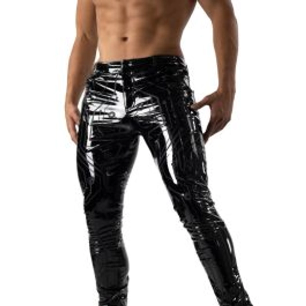 Shiny Black Vinyl Pants with Digital Print - Black - Medium