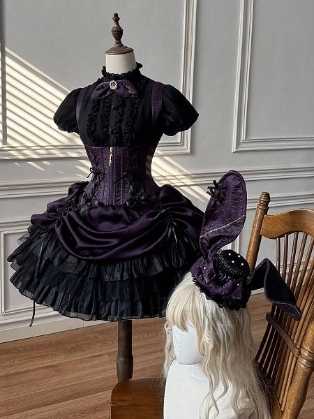 [$85.00]Dark Purple Boned Corset Waist Lolita Under Bust Dress + Black Blouse JSK Set