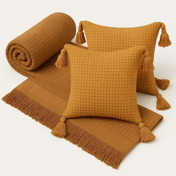 Kit Manta Para Sofá Viena + 2 Capas De Almofada 45x45 Algodão Cor Caramelo
