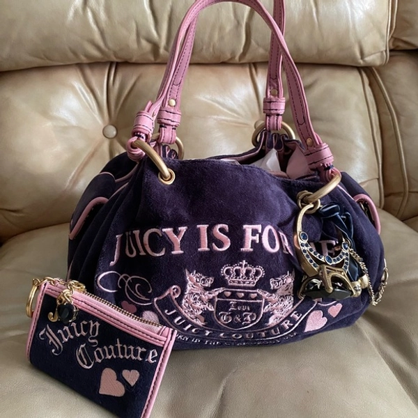 Juicy Couture Y2K Vintage Purple Fluffy Scottie Dog Ring Bag & Wallet Velour Velvet Set