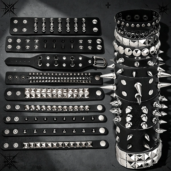 TEMU 9pcs Punk Spiked Pu Bracelets Set, Black Gothic Rivet Studded Cuff Bracelets, Rock Hip Hop Wristbands, Halloween Cosplay Party Costume