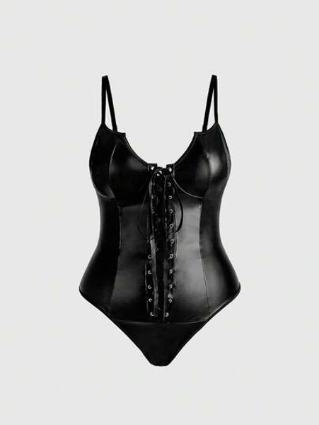 ROMWE Plus Size Gothic Bat Steel Boned Lace-Up PU Bodysuit Lingerie