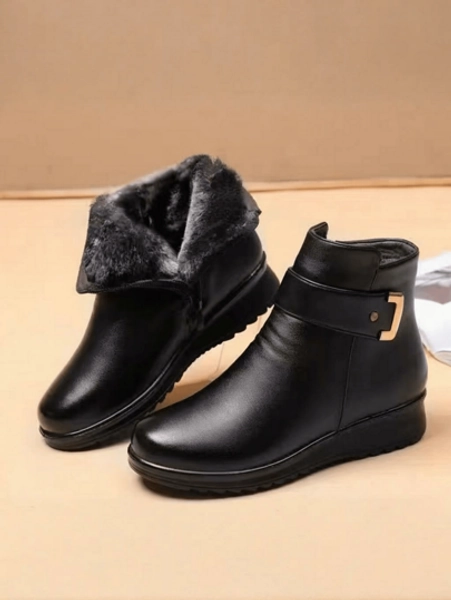 Warm Thermal Lined Short Boots For Women, Anti-Slip Flat Mother Shoes Mid-Heel Black Ankle Boots For Autumn/Winter