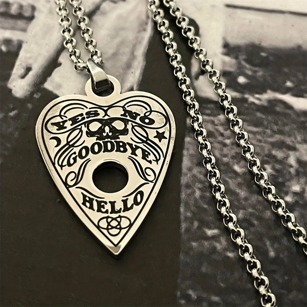 Stainless Steel Gothic Occult Witchcraft Necklace - Heart-Shaped Pendant with Skull & Star Design, "YES YES GOODBYE HELLO" Engraved Edges - Edgy Cool Men's Fashion Jewelry for Halloween & Alternative Style, Goth Accessories, Bold Statement Piece, Highquality Accessory, Dark Aesthetic Fans