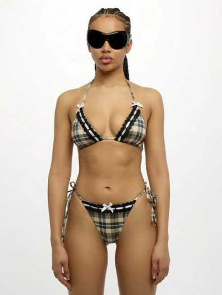 SUMWON WOMEN Retro Plaid Bikini Set With Lace Trim, Bow Details, Triangle Top Two-Piece Swimsuit, Summer Beach Holiday Resort Wear