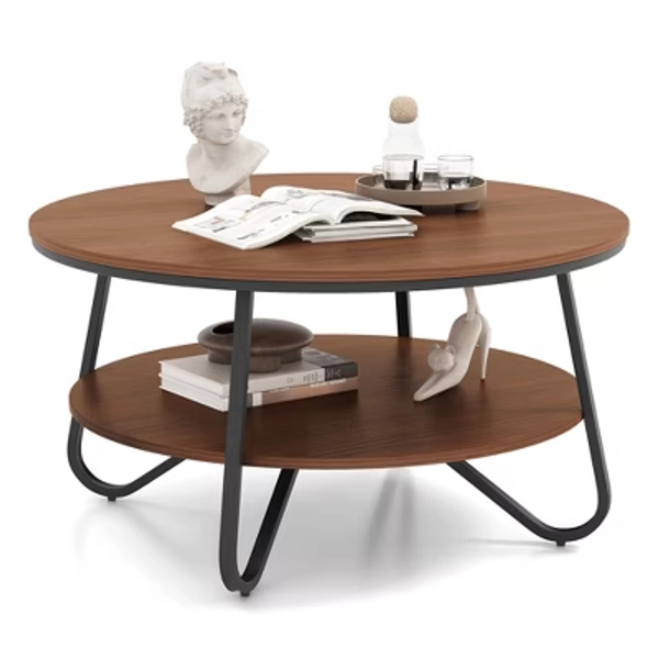 Costway 2-Tier Round Coffee Table with Wood Grain Finish & Heavy-duty Metal Frame
