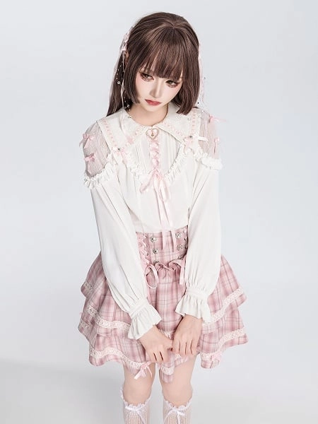 [$26.00]Sweet Jirai Kei Lace Patched Long Sleeves White Blouse with Pink Bow Accents and Ruffles