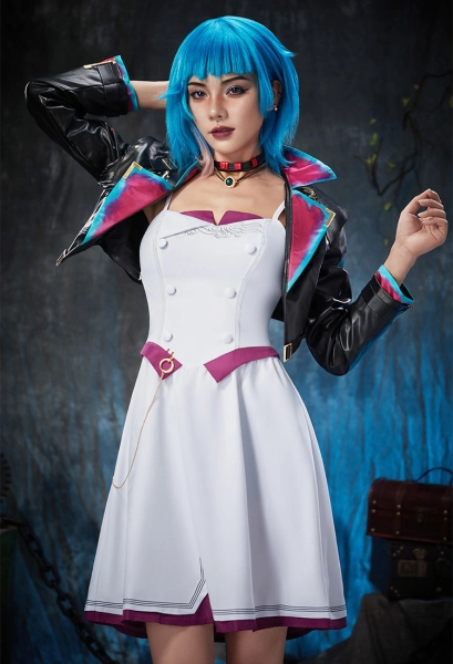 Arcane LOL Universe Jinx Cosplay Costume White Dress with Jacket Necklace