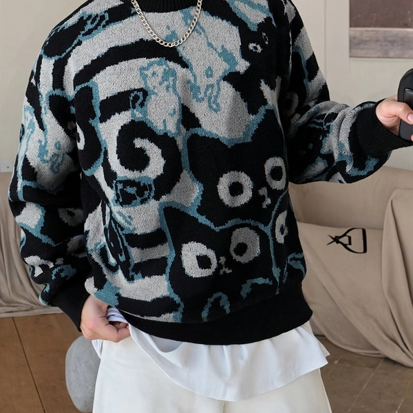 Men's Casual Streetwear/ Loose Fun Cat Pattern/ Round Neck Pullover Sweater/ for Autumn and Winter