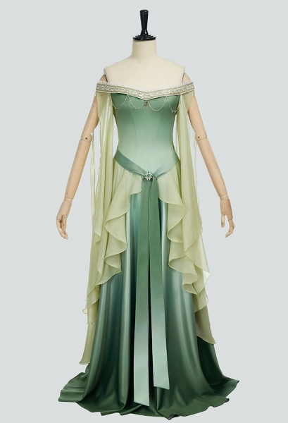 Medieval Dreamy Yellow Green Gradient Elf Dress Elegant Strapless Dress with Belt
