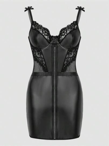 Plus Size PU Leather Zipper Dress With Mesh Bowknot Decor For Rave