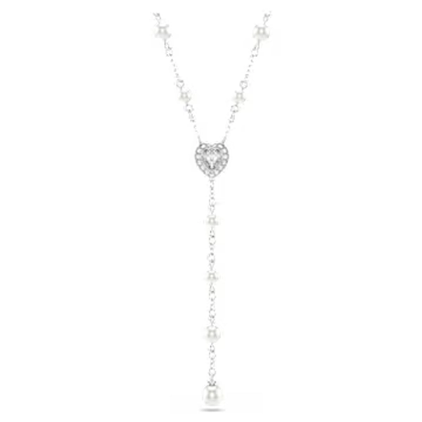 Ariana Grande x Swarovski Y necklace, Mixed cuts, Crystal pearl, Heart, White, Rhodium plated