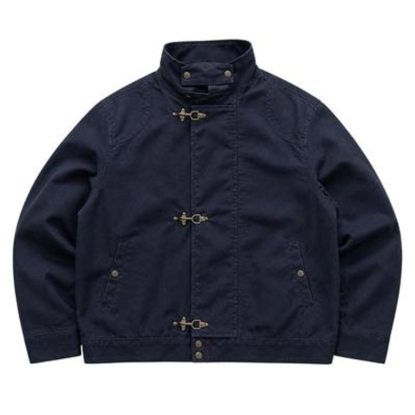 Vintage 1990s Japan Style Navy Cotton Jacket, High Collar Utility Bomber Coat, Silver Hook Closure Workwear Jacket