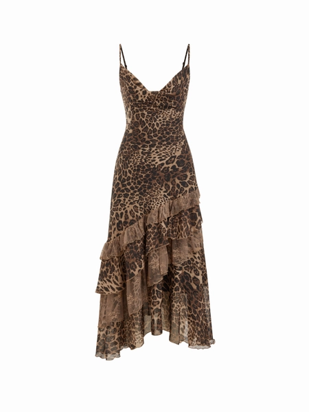 Leopard Cowl Neck Ruffled Asymmetrical Maxi Cami Dress