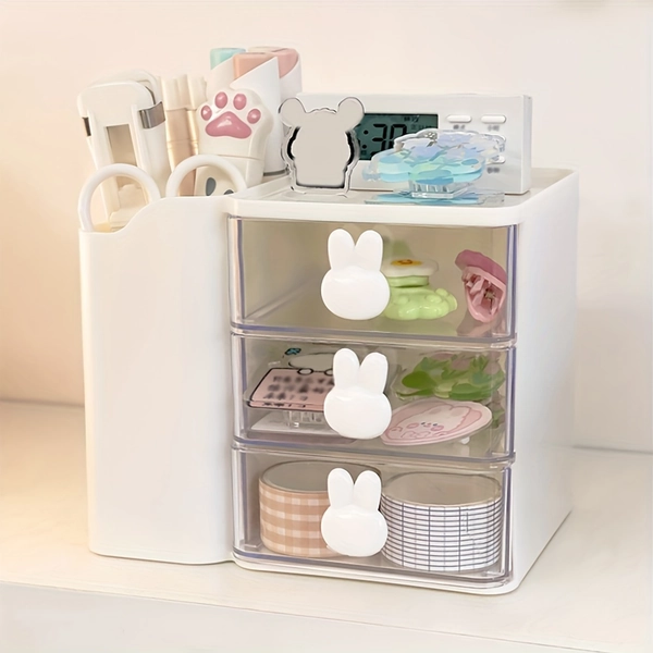 1pc 3-Layer Drawer Type Storage Box with Pen Container, Multifunctional Stationery Desktop Organizer for Office, Cute Rabbit Shaped Handle Storage Drawer, Table Decor, Desk Additions
