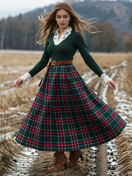 plus size scottish tartan a line skirt   Green white - Temu