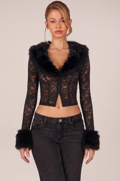 Transparenter Cardigan aus Spitze mit Kunstpelzbesatz in Schwarz