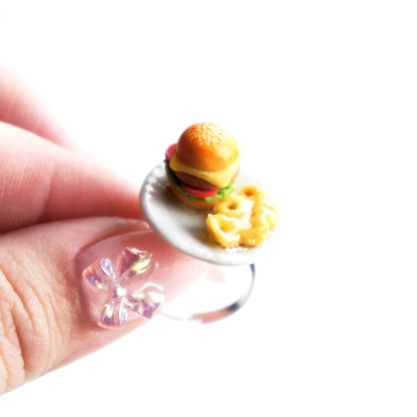 Miniature Cheeseburger and Onion Rings Ring: Polymer Clay Food Jewelry