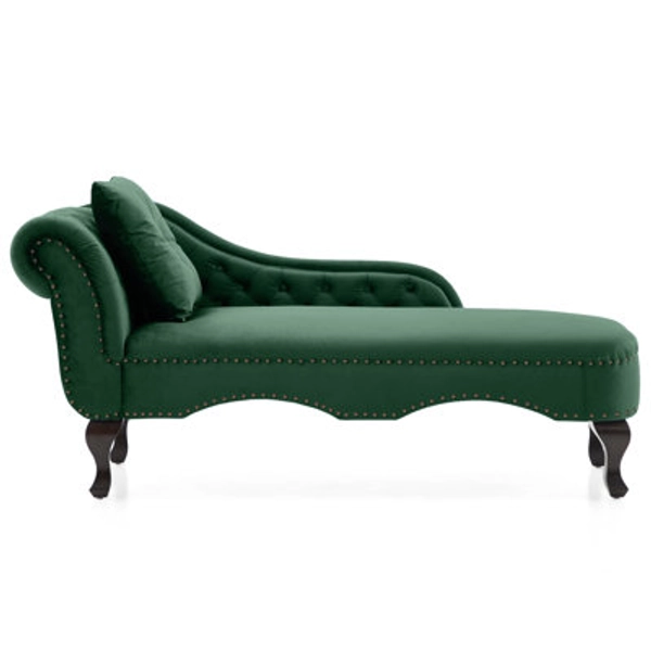 George Oliver Aurielle Modern Neoclassical Velvet Chaise Lounge with Button Tufted Scrolled Backrest, Nailhead Trim, and Decorative Pillow