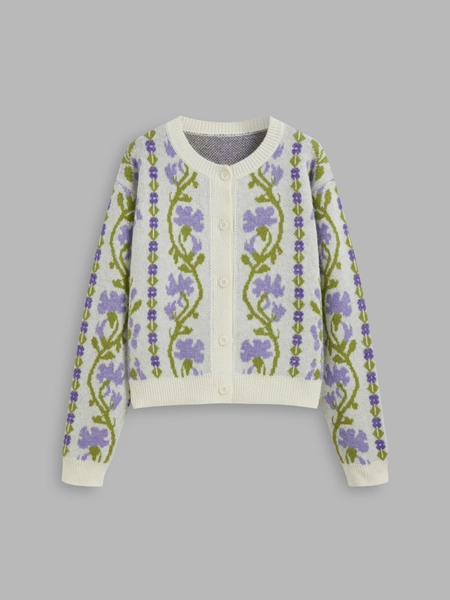 Knit Round Neckline Floral Button Oversized Cardigan