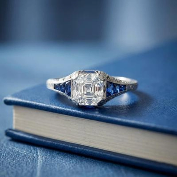 Retro Vintage Style Ring For Women, Antique Art Deco Engagement Ring In 14K White Gold, Blue Baguette & Asscher Cut CZ Stone Edwardian Ring