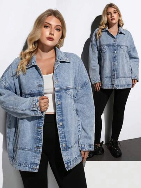 Maija Women's Plus Size Blue Denim Jacket, Loose Fit, Long Sleeve, Comfortable And Casual With Pockets