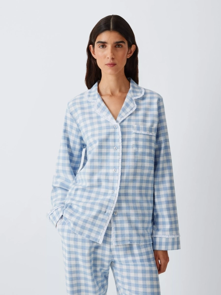 John Lewis Frill Gingham Check Button Through Long Brushed Cotton Pyjama Set, Blue