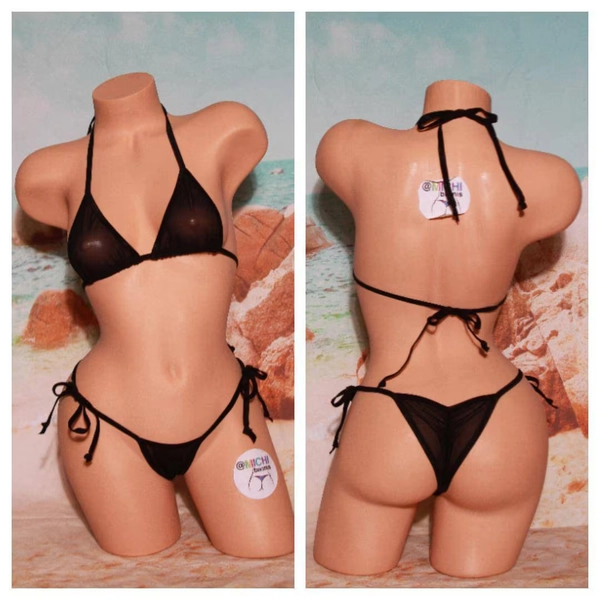Black Mesh *semi Sheer* With Black Trim Medium Coverage Top Scrunch Butt String Bikini Set One Size - Etsy Sweden