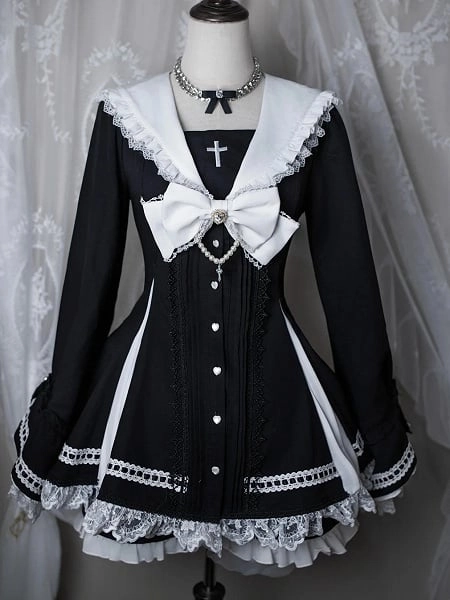 [$69.00]Landmine Style Sailor Gothic Set - Lace-Threaded Bell Sleeve Top & Matching Shorts in Black & White