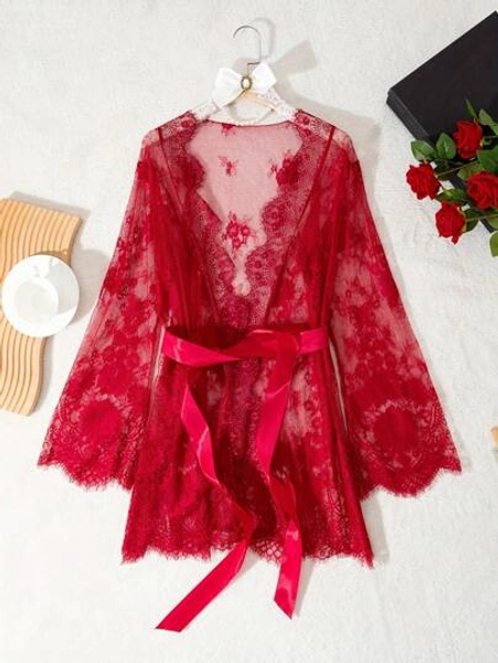 Red Valentine's Day Lace Lingerie Women's Nightgown, Semi-Transparent Lace-Up Elegant Long Sleeve Nightgown, Rave