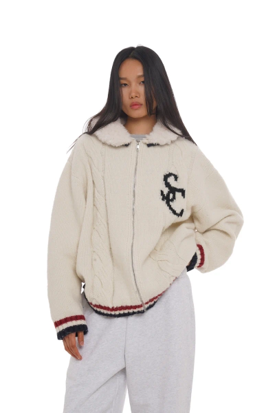 OVERSIZE DETACHABLE SHEARLING-TRIM CABLE KNIT JACKET