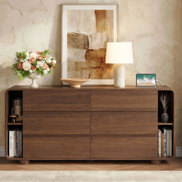 6 Drawer Dresser with Shelves, 63'' Wide 17.7'' Depth Large Chest of Drawers for Bedroom, Curved Design Modern TV Stand, Wood Closet Storage Organizer for Living Room, Walnut