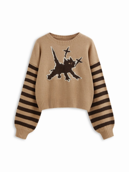Knit Round Neckline Cat Striped Oversized Top