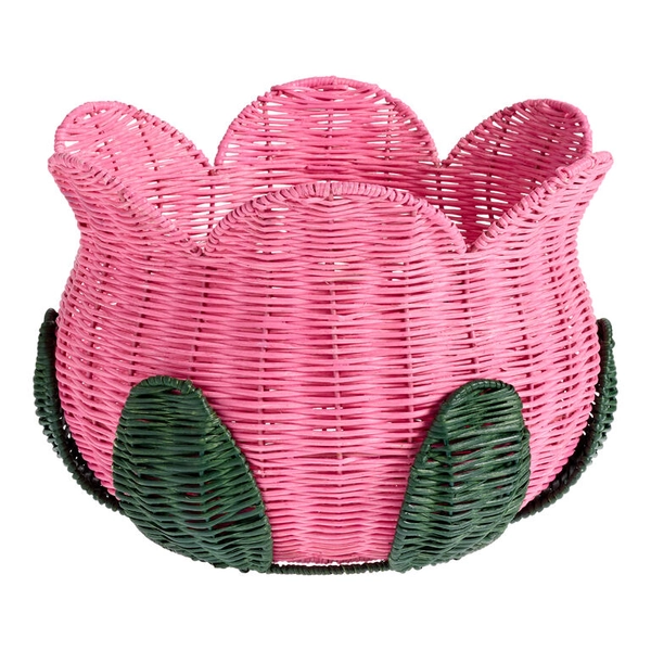 Pink and Green Rattan Tulip Basket