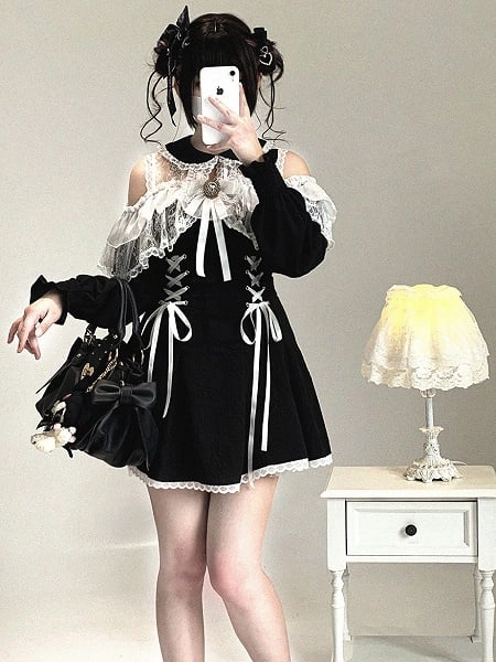 [$29.00]Black & White Jirai Kei Rhinestone Bow Decor Cutout Shoulder Lace Long-Sleeve Dress Short Version