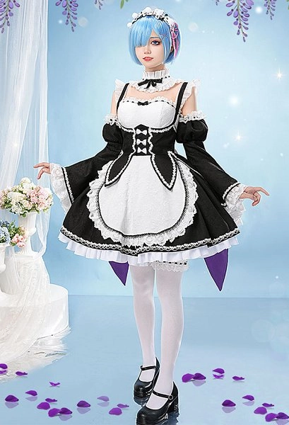 Re Starting Life in Another World Cosplay Costume Maid Uniform Dress with Headband Arm Sleeves Stockings