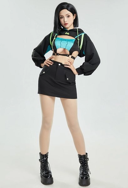 Viper Derivative Gothic Casual Outfit Top and Triangle Bottom with Short Hooded Sweatshirt