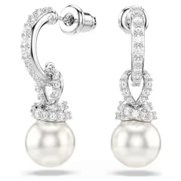 Originally drop earrings, Crystal pearl, Pavé, White, Rhodium plated
