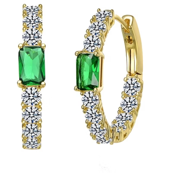 Elegant 14K Gold Plated Inside-Out Hoop Earrings Featuring Rich Emerald-Green Cubic Zirconia for a Glamorous and Refined Look