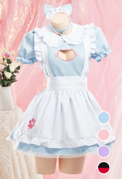 Halloween Cat Maid Outfit Sexy Lingerie Costume with Paw Embroidery Kawaii Kitty Dress for Fun Open Chest Style Multicolor