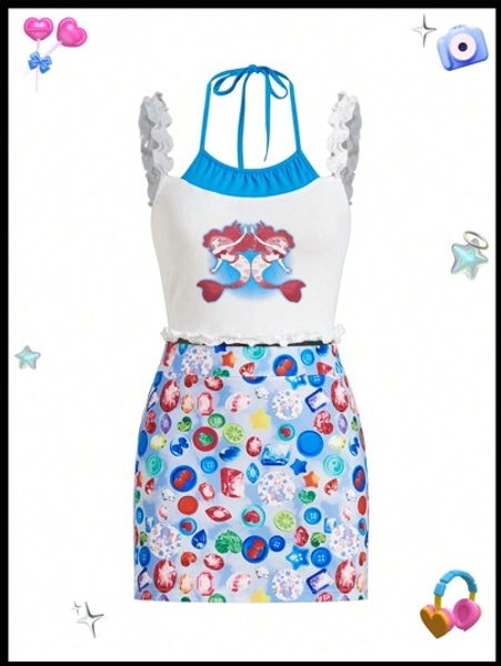 SHEINNeu Kidcore Dopamine Ruffle Brick And Stone Pattern Printing Two-Piece Outfit Two Piece Skirt Set Two Piece Beach Set Spring Break Summer Sets Tank Top Summer Skirt - Size M