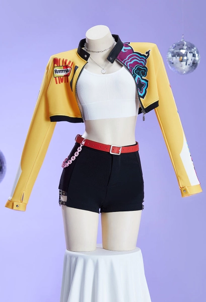 Kpop Slayers Leader Vocal Derivative Costume Set Printed Jacket with Shorts and Bra