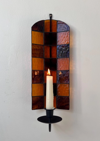 Amber & Brown Stained Glass Checkered Candle Wall Sconce