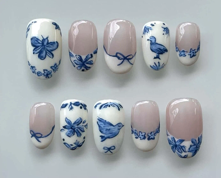 Wedding Bird nails,Custom Hand paint Acrylic nails , 3D Press On Nail, Pink Nails ,Press On Nails Short,Almond Nails ,French Nails