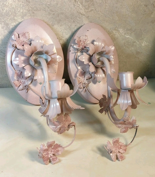 Vtg PINK FLOWERS Metal Wall Mount Candle Sconces Hollywood MCM Pair Mid Century