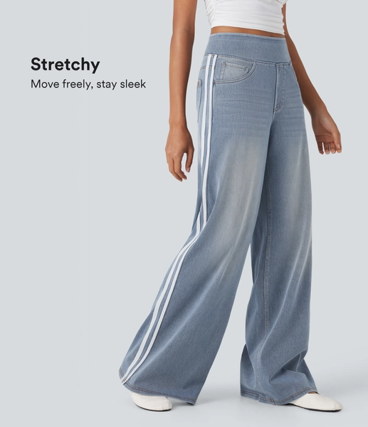 Halara Flex™ High Waisted Stripe Wide Leg Flowy Washed Casual Jeans with Pockets