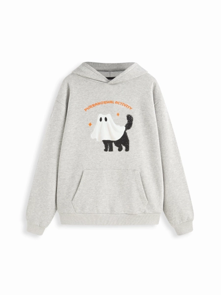 Cotton Round Neckline Halloween Cat Ghost Graphic Oversized Hoodie