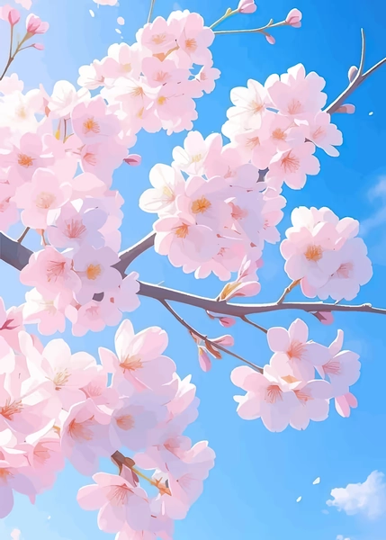 'Cherry Blossom Branches Against Blue Sky' Poster, picture, metal print, paint by Monaghan Mac | Displate