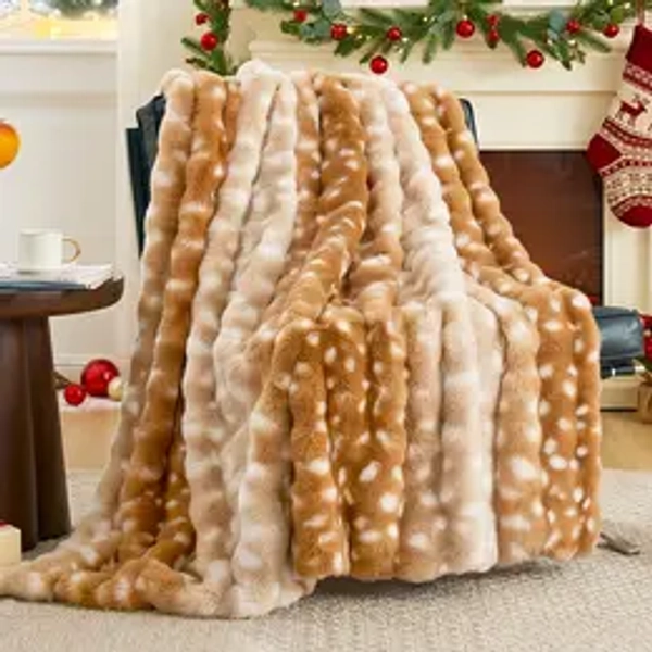 Cozy Bliss 630GSM Faux Rabbit Fur Bubble Throw Blanket - Soft, Warm, Fluffy Plush Deer Print Blanket for Anxiety Relief, Bedding, Room Decor, Boujee Home Accessories, Chill Room Accessories (Gf Gift for Adult Women)