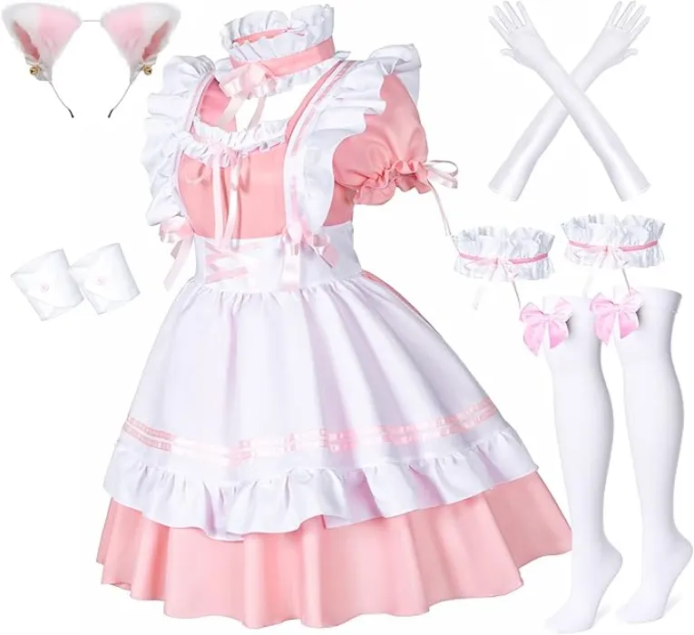 Déguisement Lolita Costume de soubrette avec oreilles de chat en fourrure et gants et chaussettes